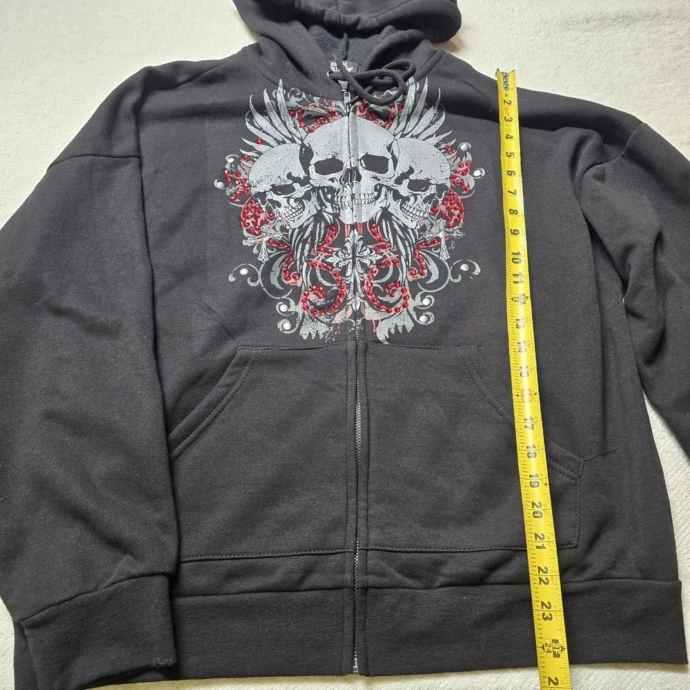 Social Collision Skull Hoodie‎ L Black Rhinestone Gothic Y2K Zip Up Sweatshirt